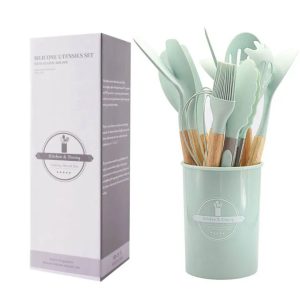 12 Pieces Silicone Kitchen Set Cooking Kitchen Utensil Set with Wooden Handle